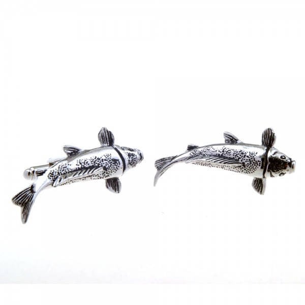 Silver Tone Koi Fish Cufflinks Black Enamel highlights 3D Design Bullet Backing Lucky Fish Cuff Links Comes with Box Image 3