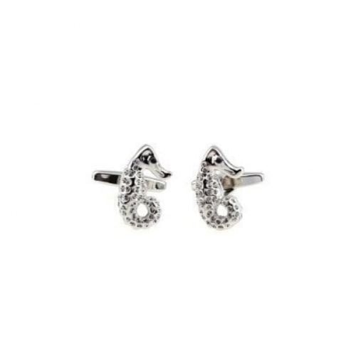 Sea Horse Cufflinks Silver Tone Bright Crystals Seahorse Cuff Links Image 1