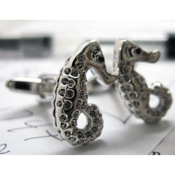 Sea Horse Cufflinks Silver Tone Bright Crystals Seahorse Cuff Links Image 4