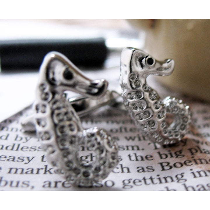 Sea Horse Cufflinks Silver Tone Bright Crystals Seahorse Cuff Links Image 4