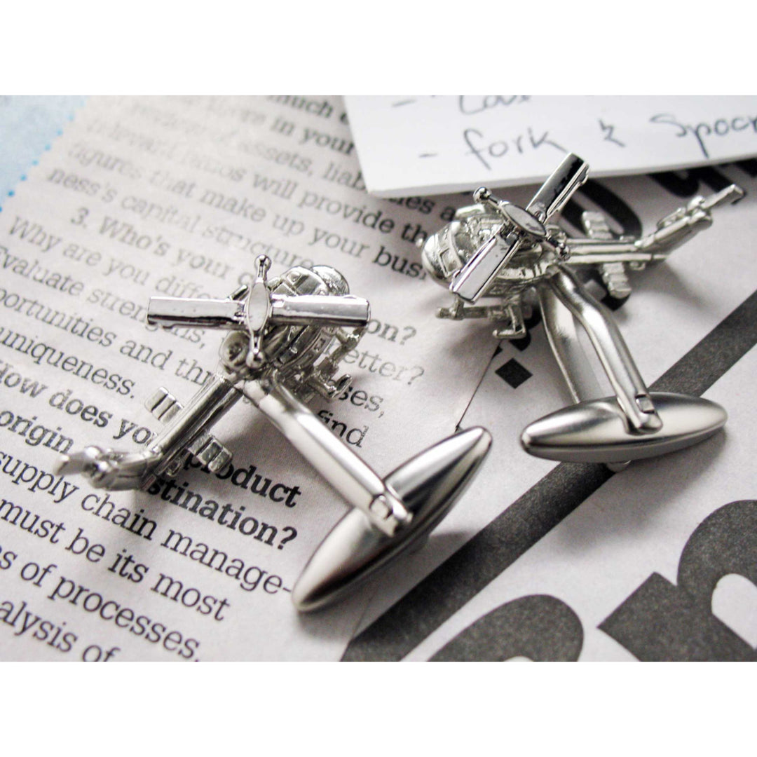 Helicopter Cufflinks Silver tone 3D military fun wear Heavy metal planes Cufflinks Image 3