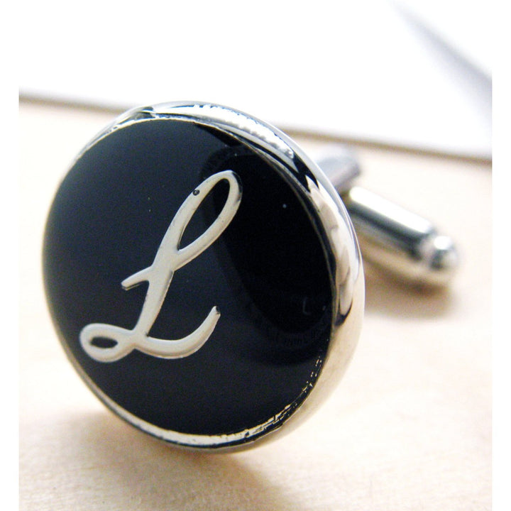 L Cufflinks Initial Silver Round Black Enamel Script Letters Cuff Links Groom Father Bride Wedding Anniversary Father s Image 1