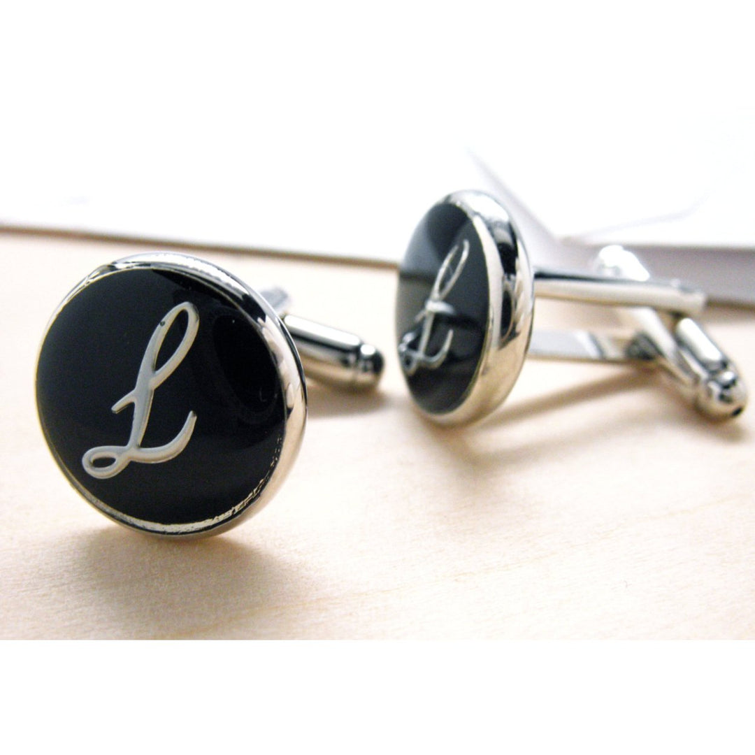 L Cufflinks Initial Silver Round Black Enamel Script Letters Cuff Links Groom Father Bride Wedding Anniversary Father s Image 2