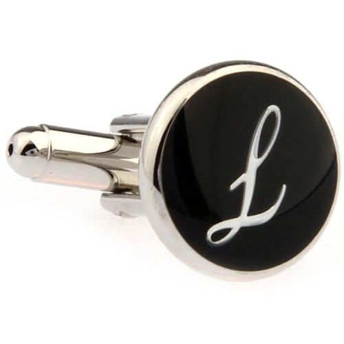 L Cufflinks Initial Silver Round Black Enamel Script Letters Cuff Links Groom Father Bride Wedding Anniversary Father s Image 4