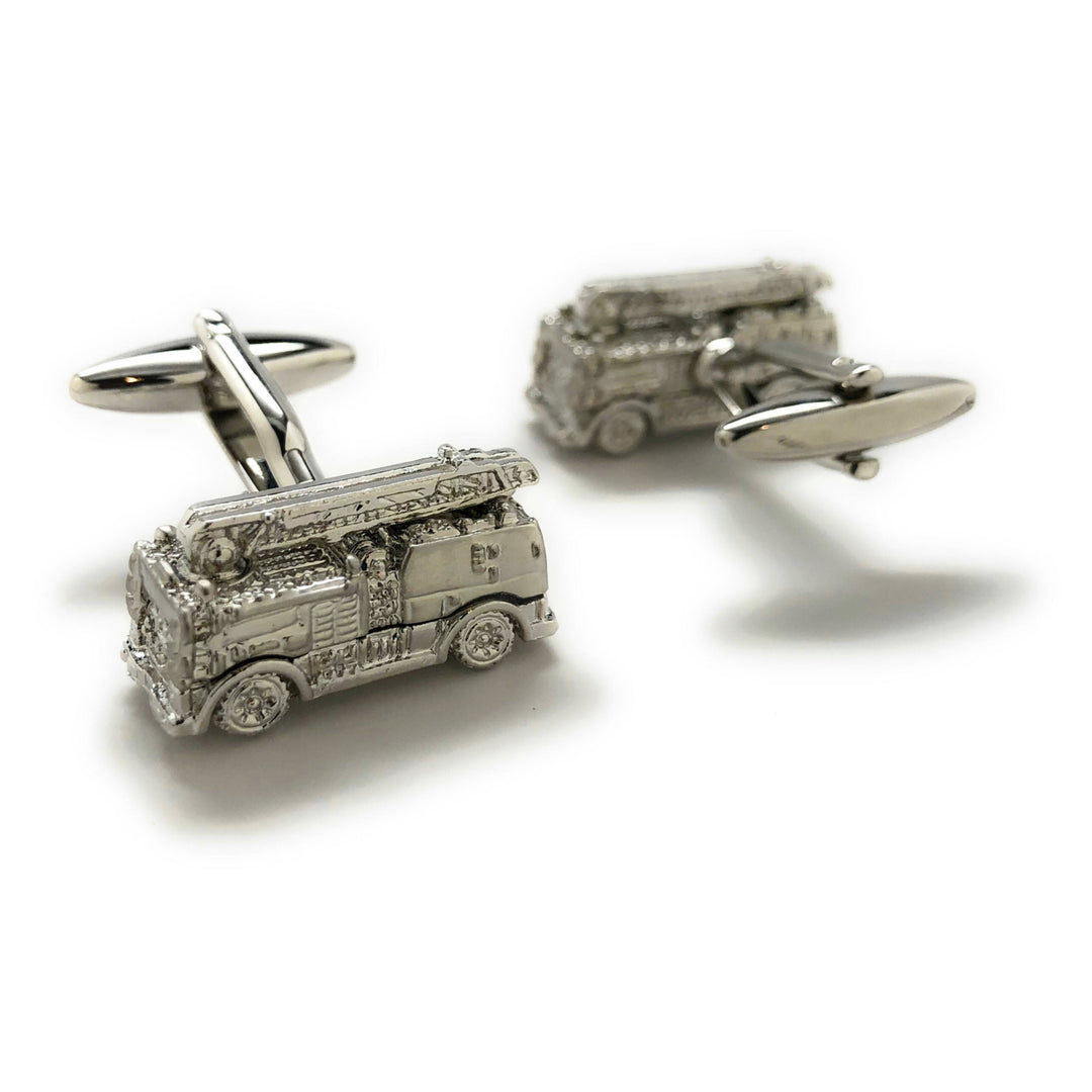Silver Tone Fire Truck Cufflinks 3D Fun Design Detailed Firemen Search and Rescue Fire Department Cuff Links Comes with Image 3