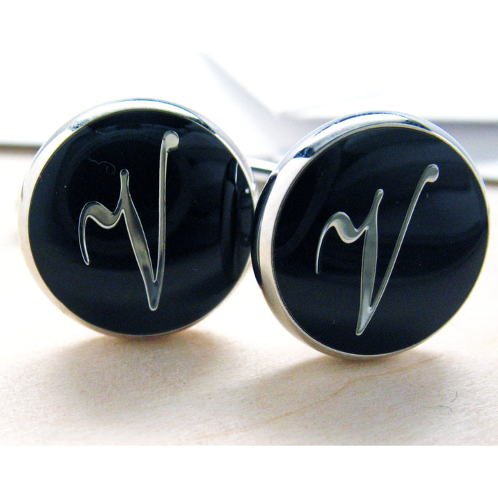 V Cufflinks Initials Silver Round Black Enamel Script Letters Vintage Cuff Links Groom Father Bride Wedding Anniversary Image 2