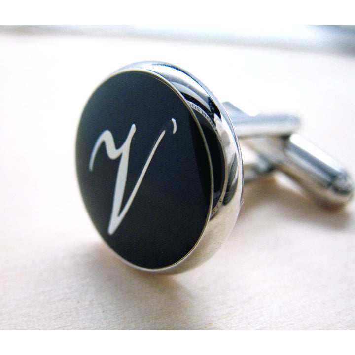 V Cufflinks Initials Silver Round Black Enamel Script Letters Vintage Cuff Links Groom Father Bride Wedding Anniversary Image 4