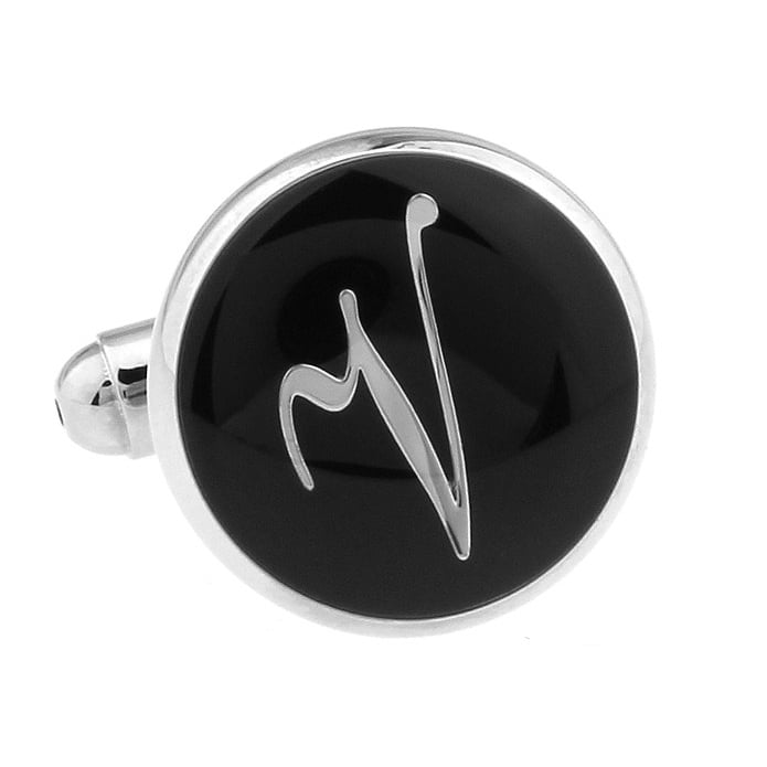 V Cufflinks Initials Silver Round Black Enamel Script Letters Vintage Cuff Links Groom Father Bride Wedding Anniversary Image 4