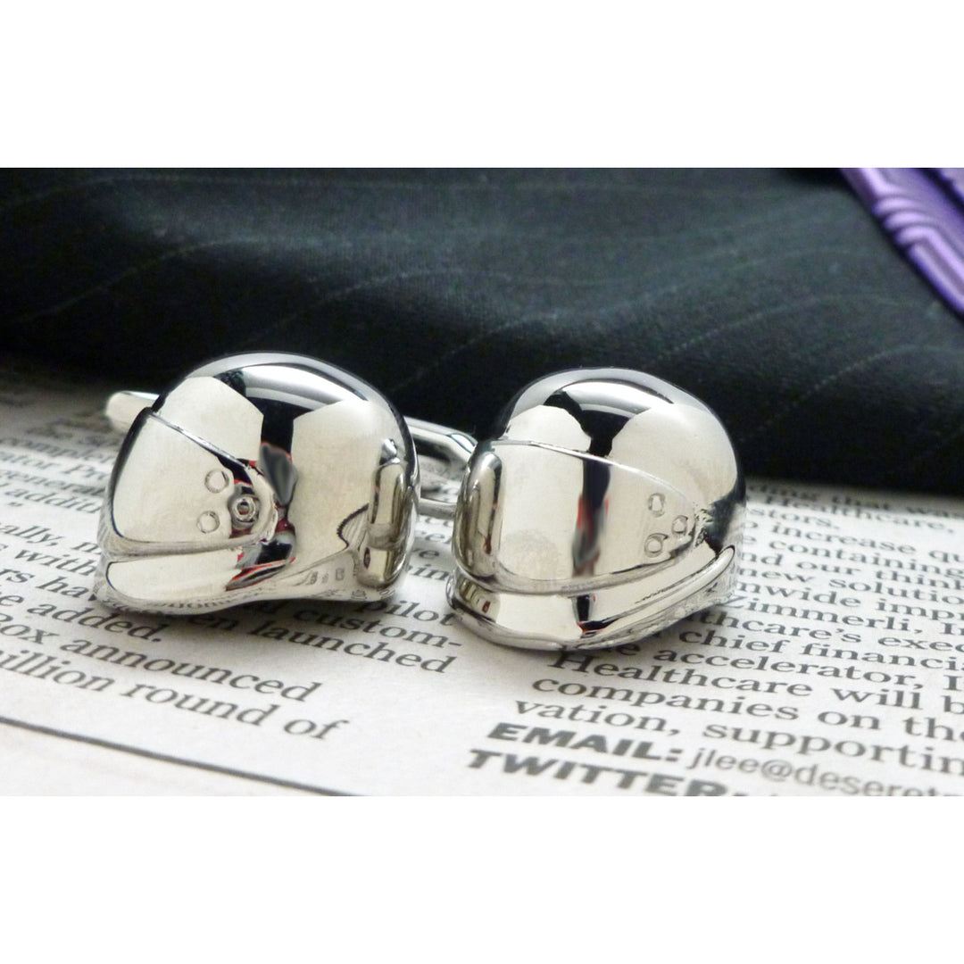 Road Bike Helmet Cufflinks Motorcycle Speed Bullet Silver Tone 3D Cuff Links Image 1