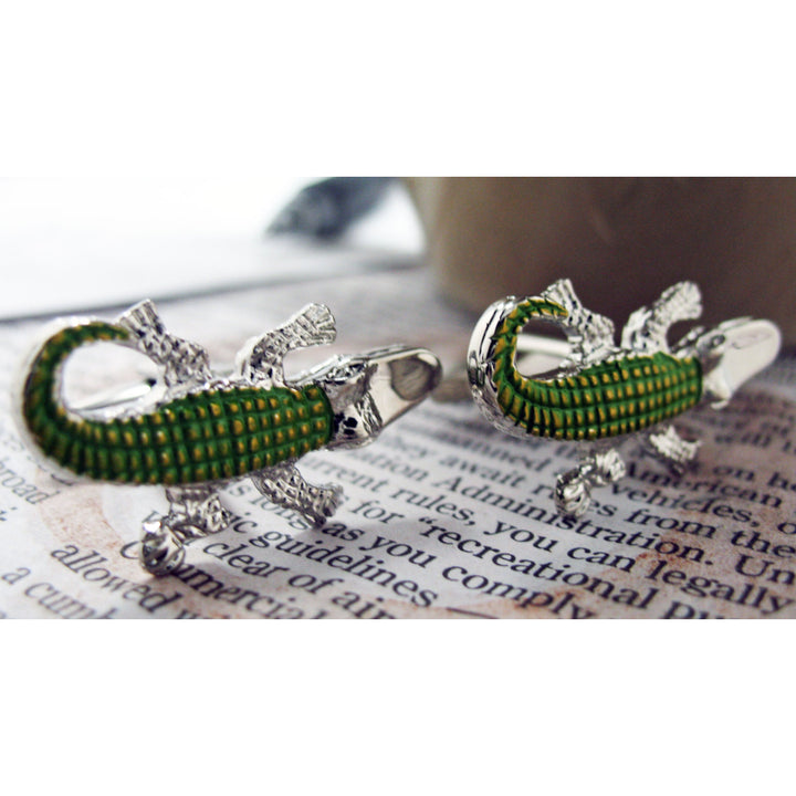 Alligator Cufflinks Silver Tone Green Enamel Crocodile Cuff Links Image 2