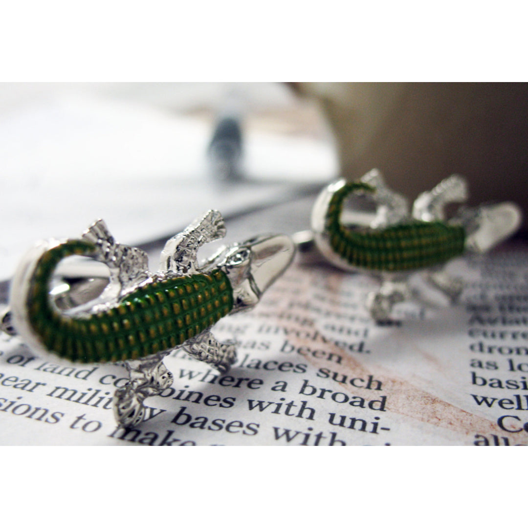 Alligator Cufflinks Silver Tone Green Enamel Crocodile Cuff Links Image 4