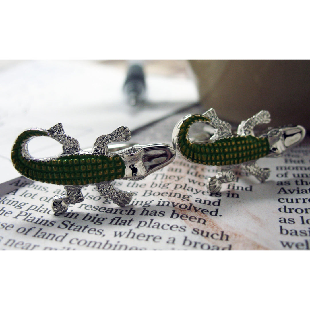 Alligator Cufflinks Silver Tone Green Enamel Crocodile Cuff Links Image 4