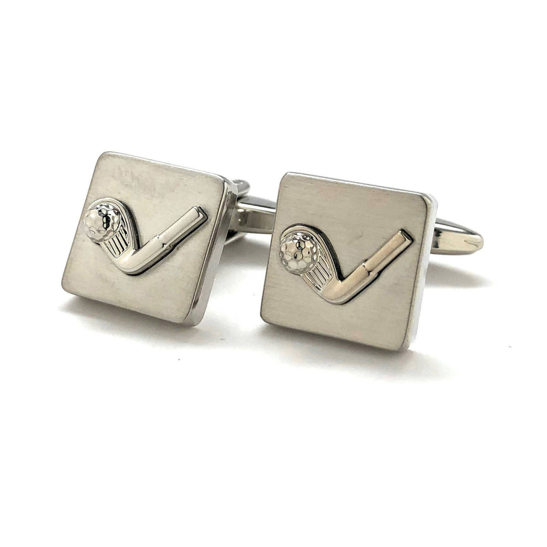 Square Golf Club Cufflinks Matt Finish Shinny Club Silver Tone Golf Sport Cool Fun Tournament Cuff Links Comes Gift Box Image 1