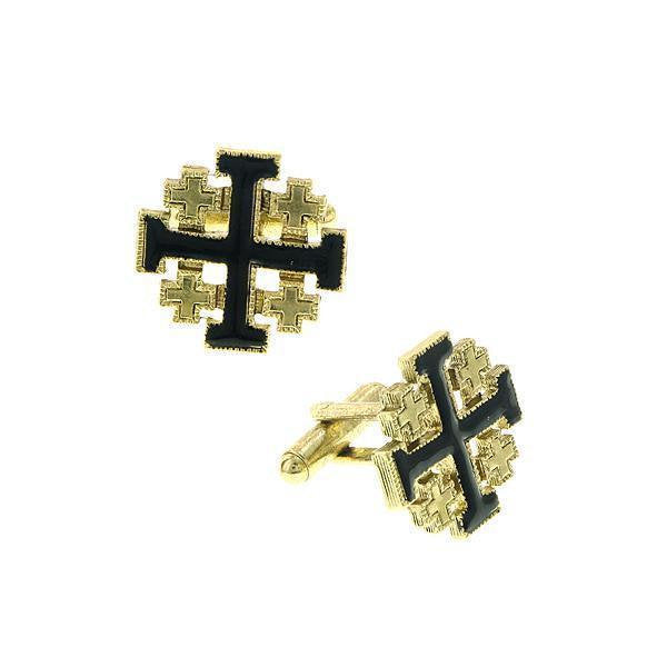 14K Gold Dipped Jerusalem Cross with Black Enamel Cufflinks Religious Collection Faith Cross Cuff Links Image 1