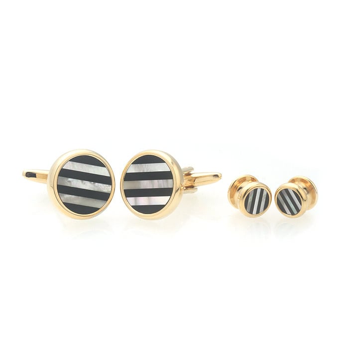 Gold Mother of Pearl Onyx Stripe Cufflinks with Matching 4 Shirt Studs Silver with Cuff Links Shirt Studs Comes with Image 1