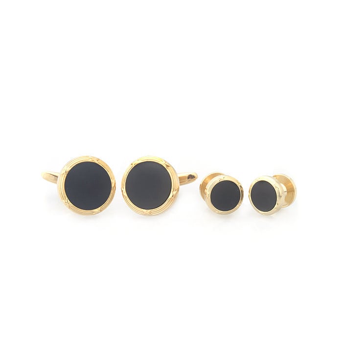 Gold Onyx Cufflinks with Matching Shirt Studs Silver with Cuff Links Shirt 4 Studs Comes with Gift Box Image 1