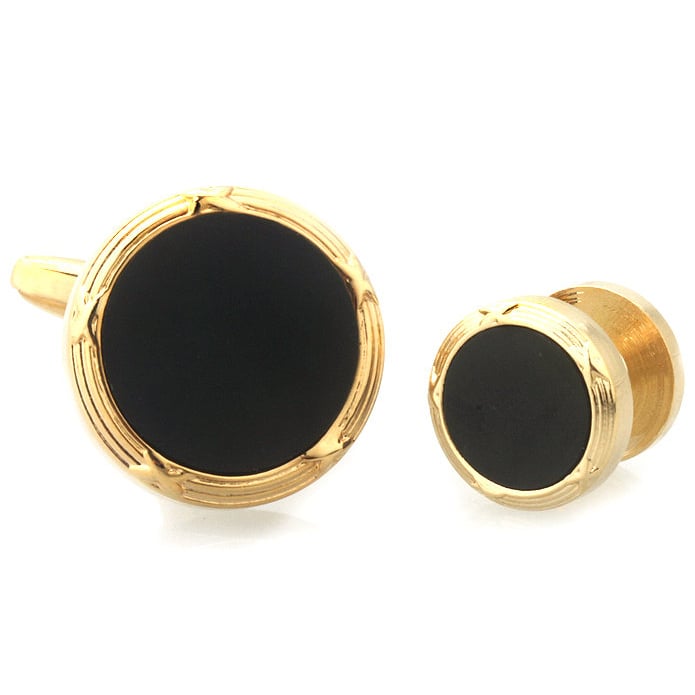 Gold Onyx Cufflinks with Matching Shirt Studs Silver with Cuff Links Shirt 4 Studs Comes with Gift Box Image 2