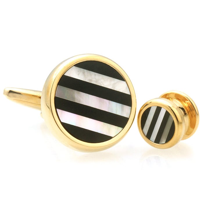 Gold Mother of Pearl Onyx Stripe Cufflinks with Matching 4 Shirt Studs Silver with Cuff Links Shirt Studs Comes with Image 2