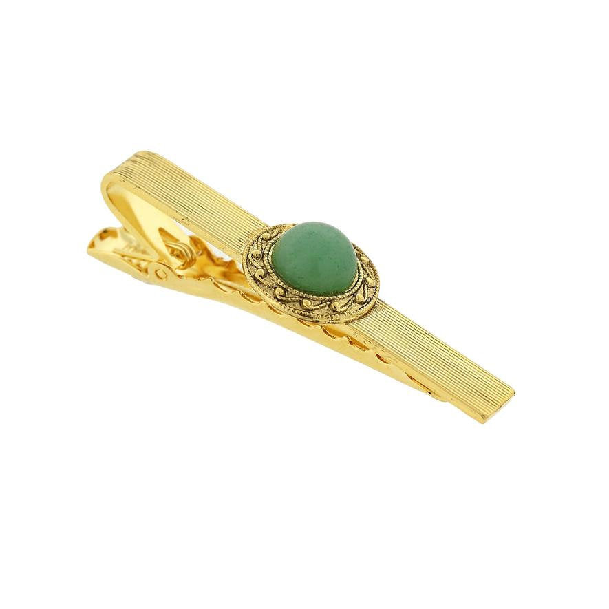 Jade Marble Tie Clip Gold Tone Round Stone Tie Bar Image 1