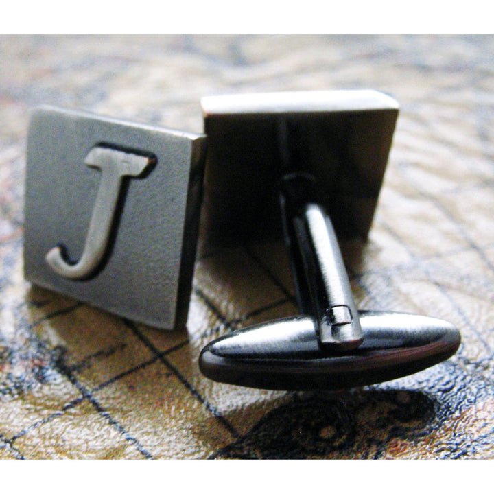 J Initial Cuff Links Mens Cufflinks Gunmetal Square 3-D Letter Vintage English Letters Personalized Wedding Bride Father Image 1