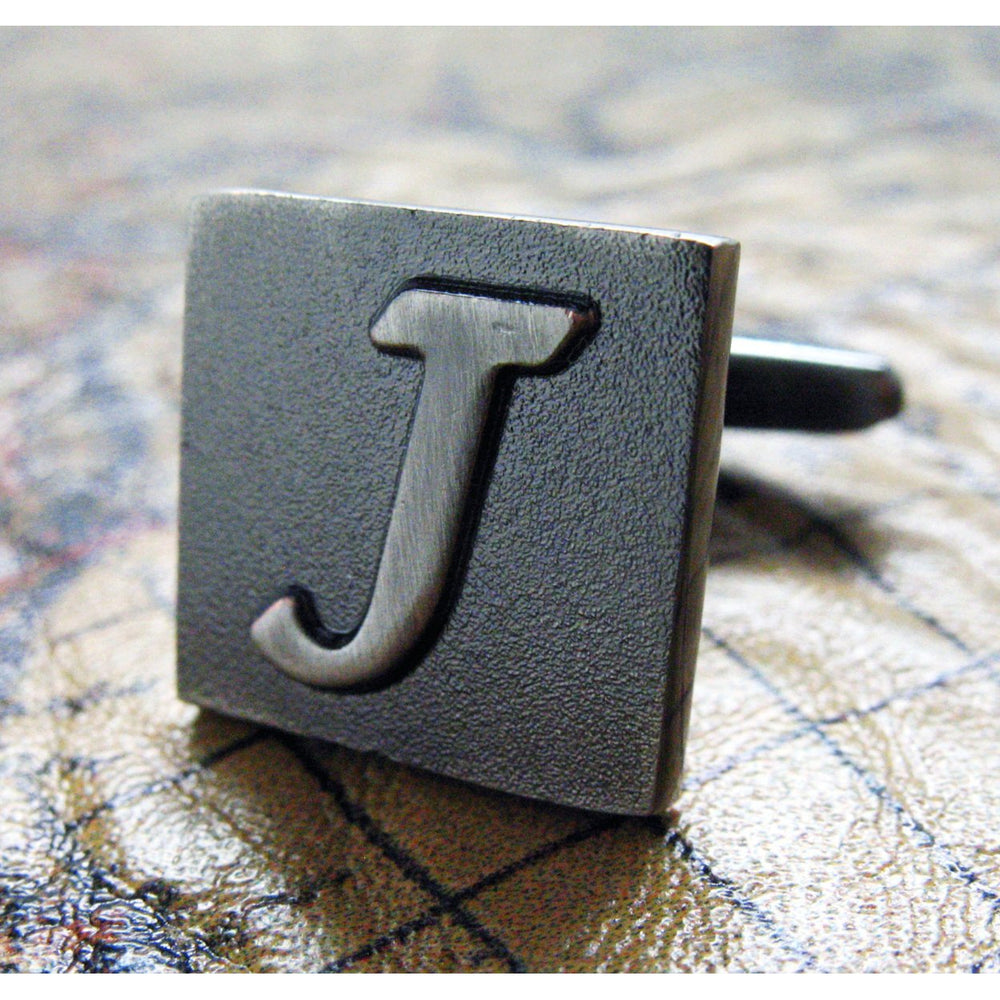 J Initial Cuff Links Mens Cufflinks Gunmetal Square 3-D Letter Vintage English Letters Personalized Wedding Bride Father Image 2