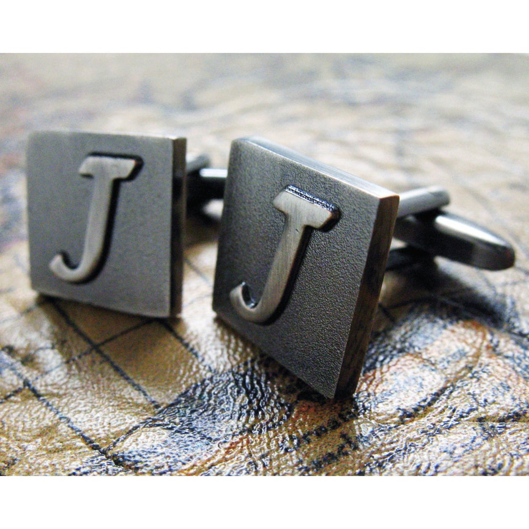 J Initial Cuff Links Mens Cufflinks Gunmetal Square 3-D Letter Vintage English Letters Personalized Wedding Bride Father Image 3