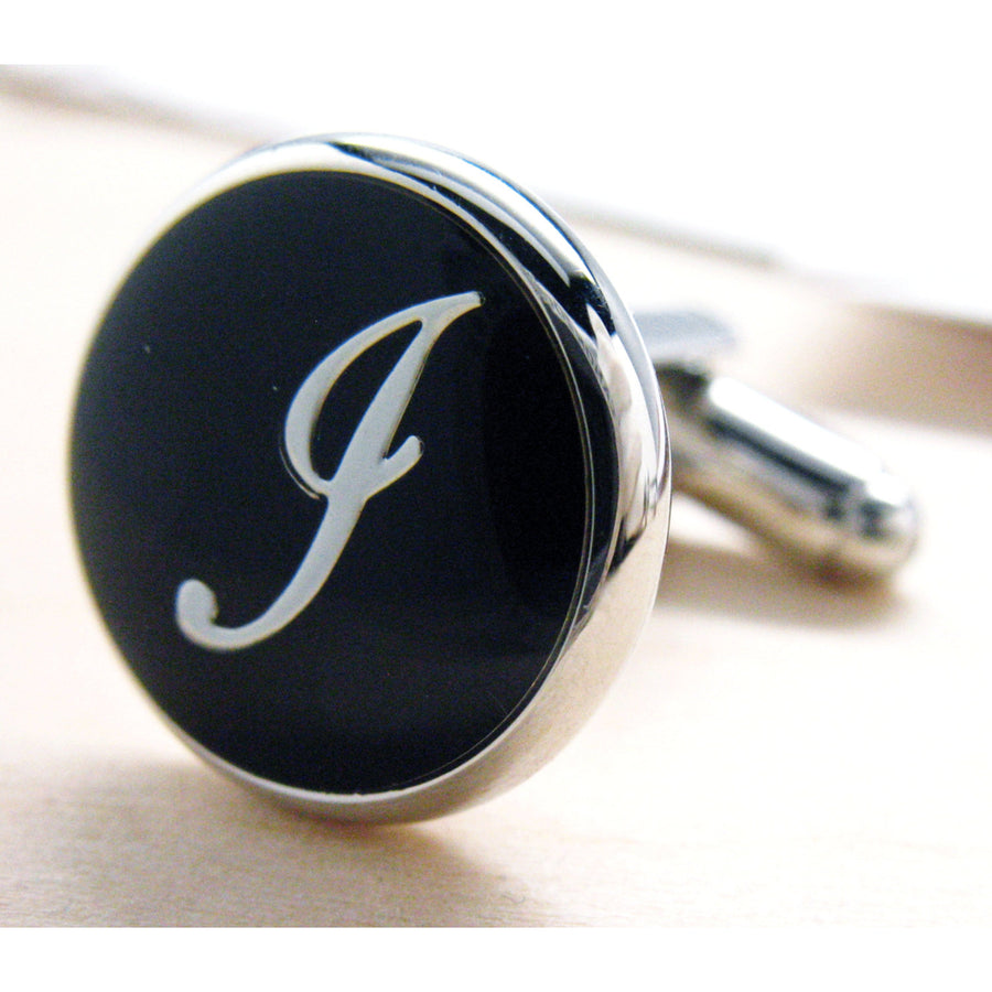 J Cufflinks Silver Round Black Enamel Script Letters Vintage Initial Cuff Links Groom Father Bride Wedding Anniversary Image 1