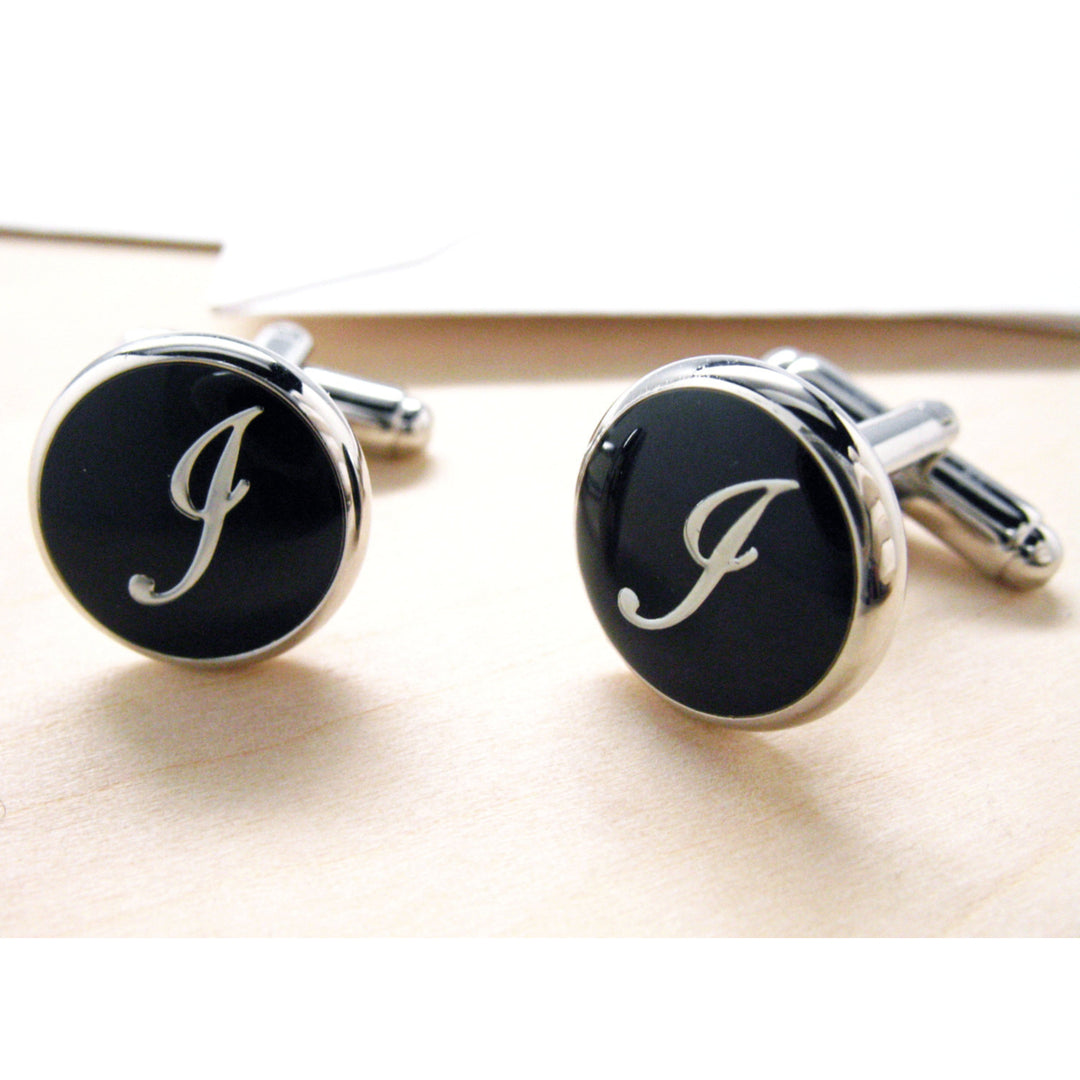 J Cufflinks Silver Round Black Enamel Script Letters Vintage Initial Cuff Links Groom Father Bride Wedding Anniversary Image 2