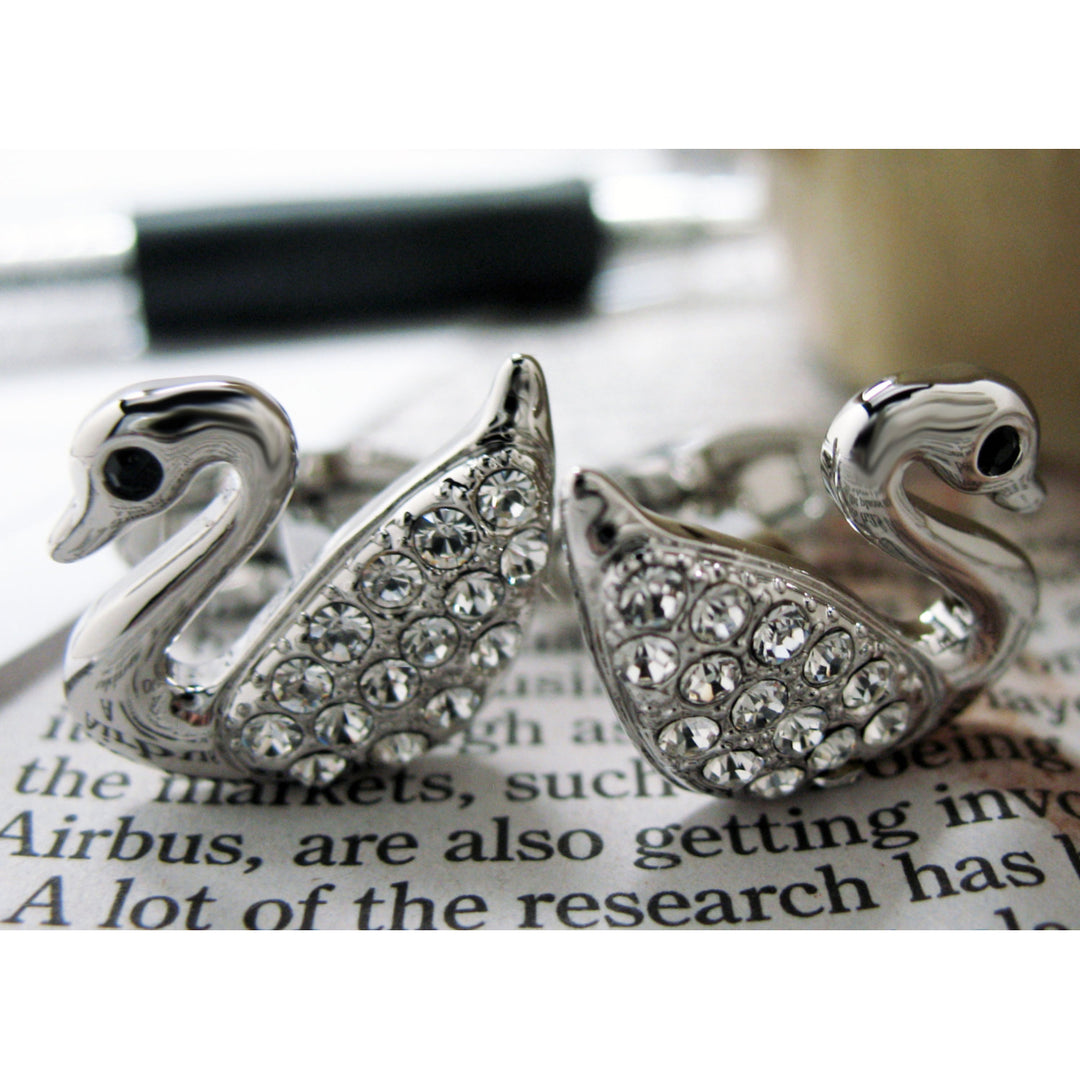 Swan Cufflinks Swarovsky Crystals Silver Toned Cuff Links Image 2