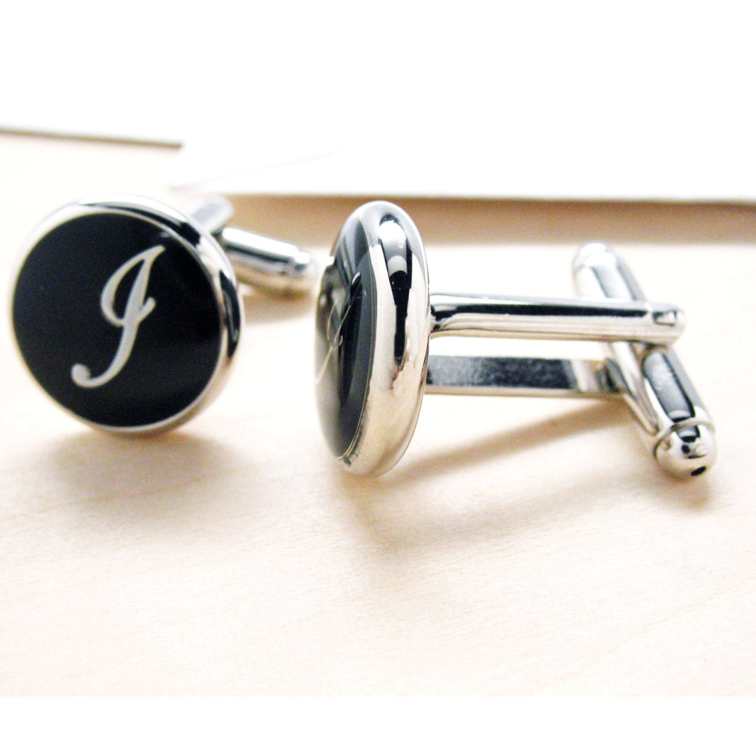 J Cufflinks Silver Round Black Enamel Script Letters Vintage Initial Cuff Links Groom Father Bride Wedding Anniversary Image 4