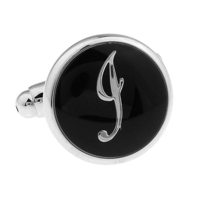 J Cufflinks Silver Round Black Enamel Script Letters Vintage Initial Cuff Links Groom Father Bride Wedding Anniversary Image 4