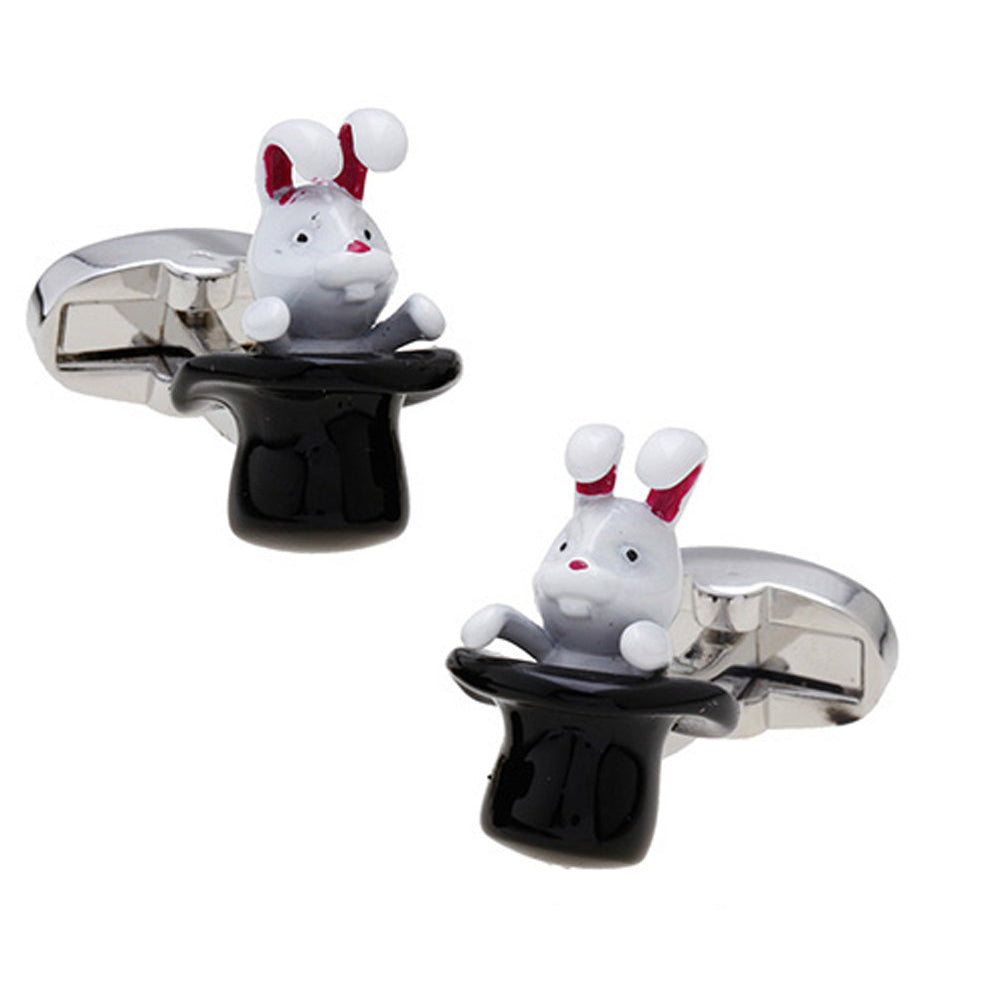 Rabbit Hat Cufflinks Magic Trick Magician Enamel Rabbit out of a Hat Cuff Links Image 1