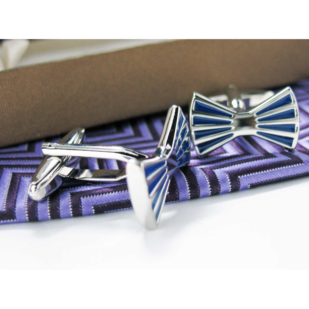 All Tied Up Bow Tie Cufflinks Blue and Silver Toned Striped Cuff Links Groom Father of the Bride Wedding Marriage Image 2