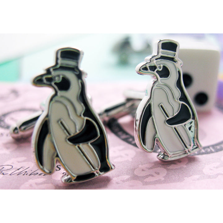 Top Hat Penguin Cufflinks Black Suit Top Hat Cane Puttin on the Ritz Cuff Links Image 2