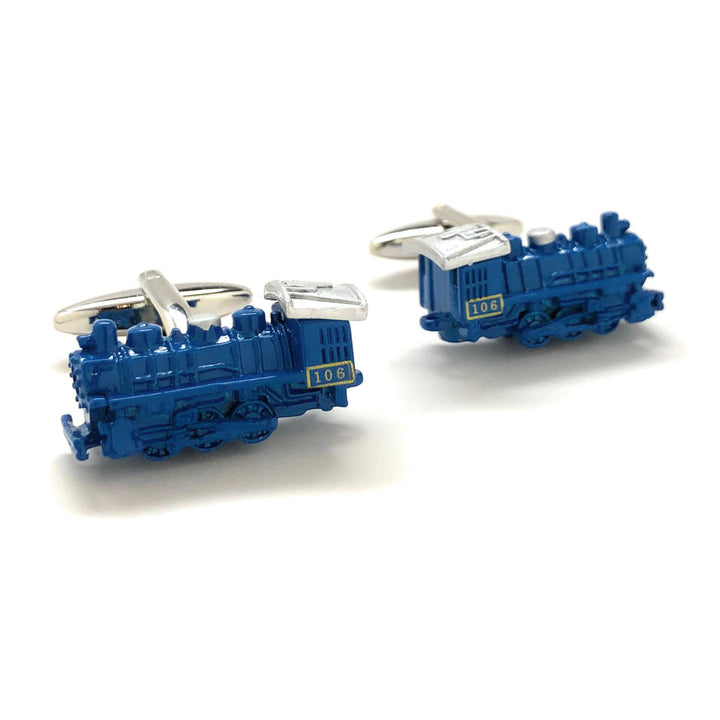 Blue and Silver Line Locomotive Train Cufflinks Railroad Transportation Steam Engine 3-D Details Cool Fun Cuff Links Image 1