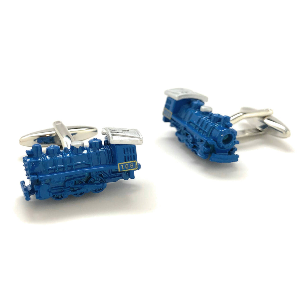 Blue and Silver Line Locomotive Train Cufflinks Railroad Transportation Steam Engine 3-D Details Cool Fun Cuff Links Image 2