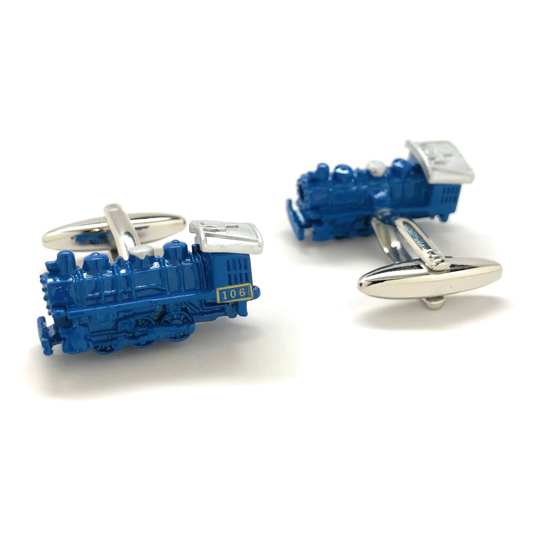 Blue and Silver Line Locomotive Train Cufflinks Railroad Transportation Steam Engine 3-D Details Cool Fun Cuff Links Image 3