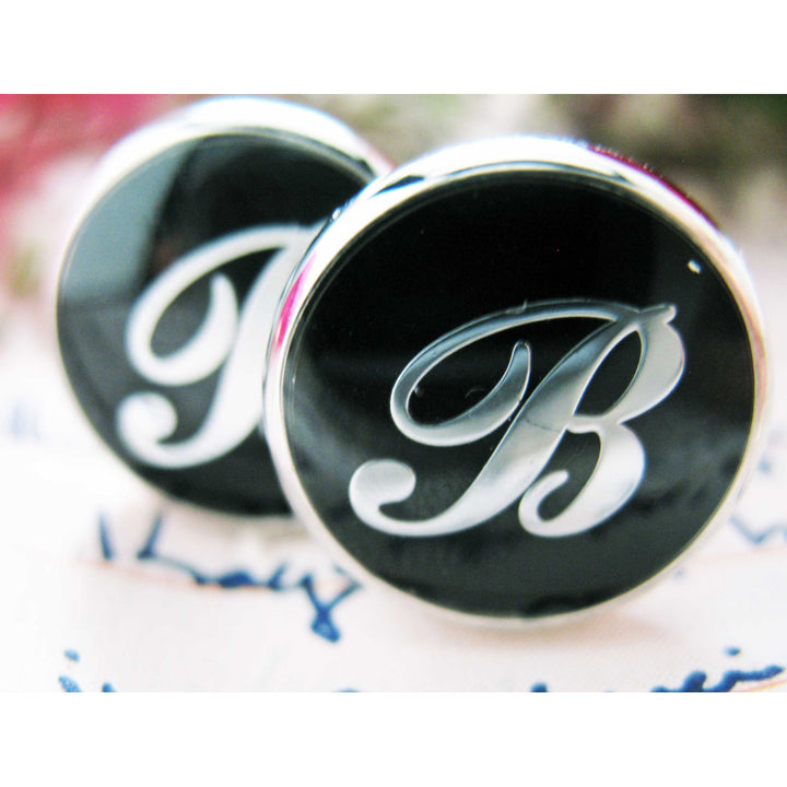 B Cufflinks Silver Round Black Enamel Initial Script Letters B Cuff Links Groom Father Bride Wedding Anniversary Day Image 1