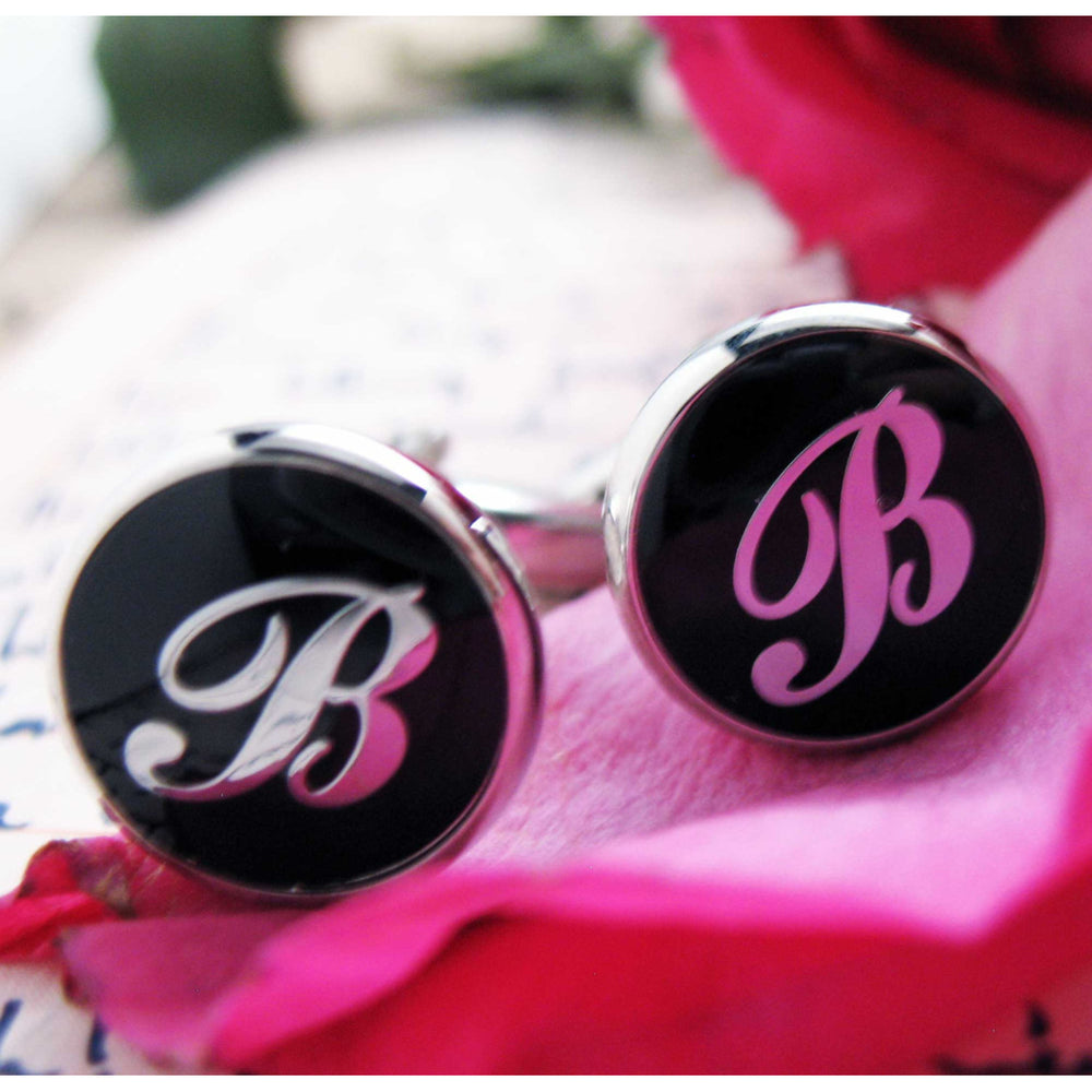 B Cufflinks Silver Round Black Enamel Initial Script Letters B Cuff Links Groom Father Bride Wedding Anniversary Day Image 2