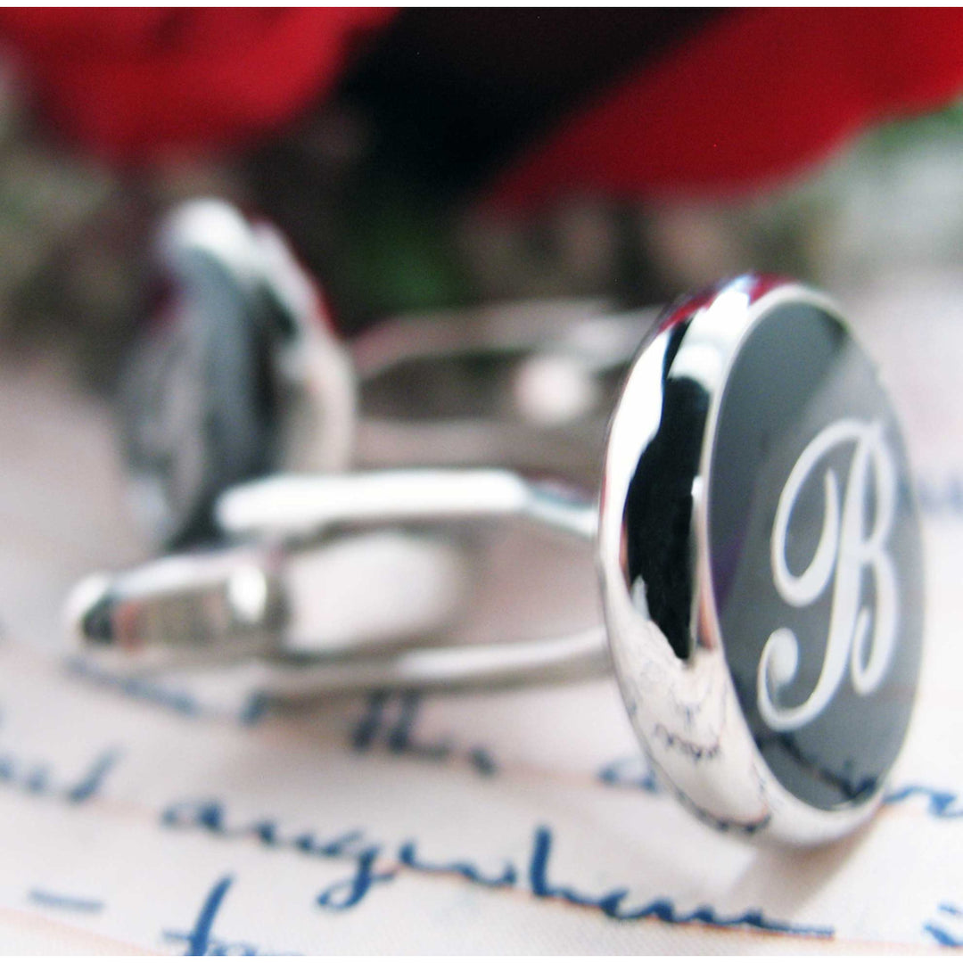 B Cufflinks Silver Round Black Enamel Initial Script Letters B Cuff Links Groom Father Bride Wedding Anniversary Day Image 3