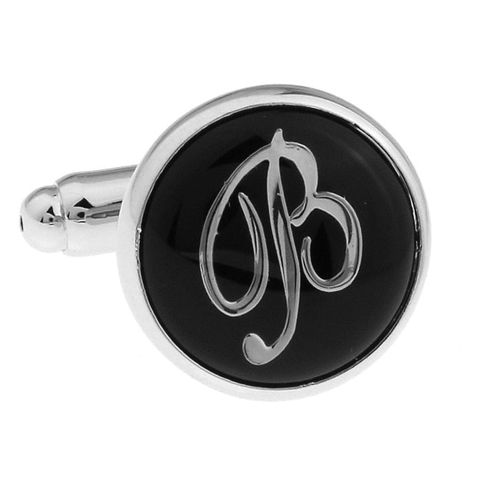 B Cufflinks Silver Round Black Enamel Initial Script Letters B Cuff Links Groom Father Bride Wedding Anniversary Day Image 4