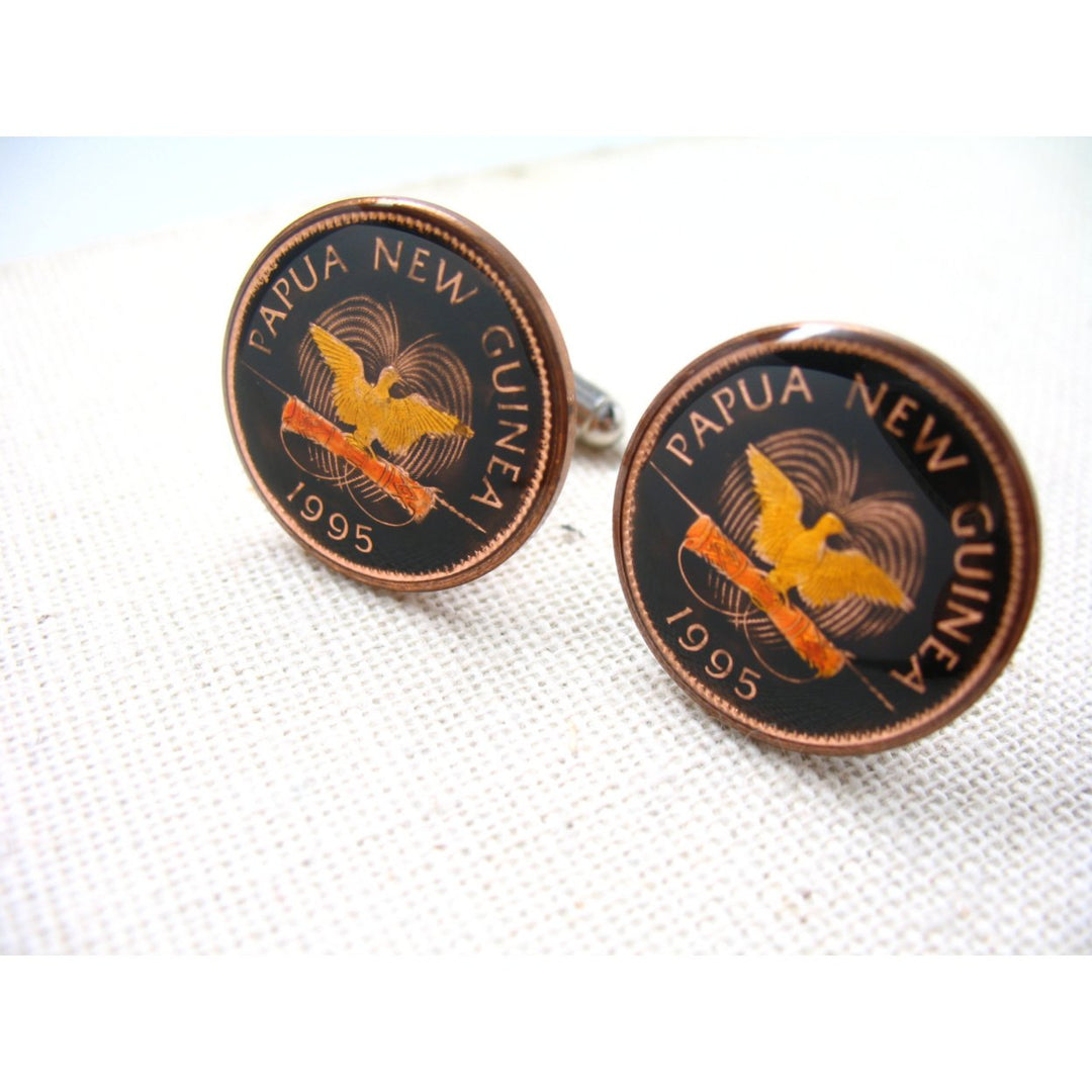 Enamel Cufflinks Hand Painted Guinea Enamel Coin Jewelry Bird Cuff Links Pacific Papua Melanesia Keepsake Travel Rare Image 1