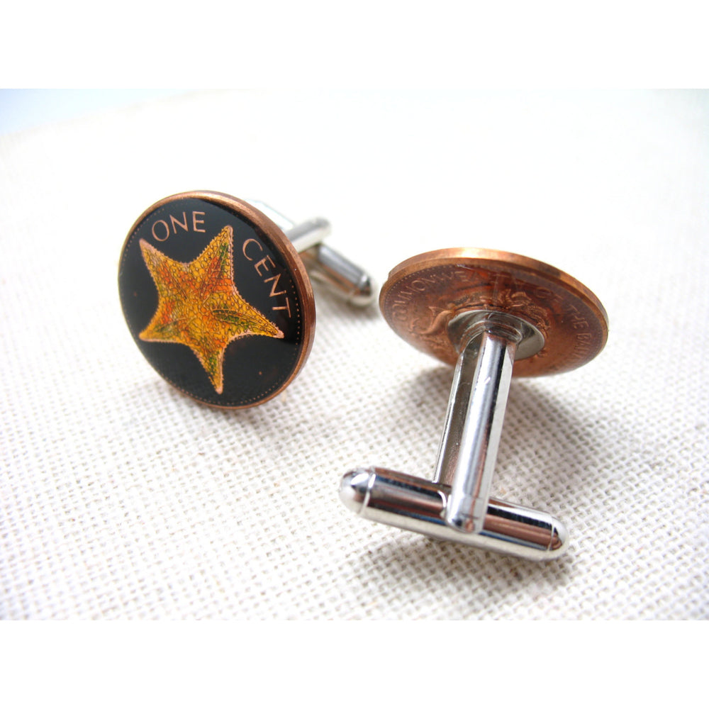 Enamel Cufflinks Bahamas Star Fish Hand Painted Coins Ocean Sea Cuff Links Black Enamel Coin Jewelry Cufflinks Comes Image 2