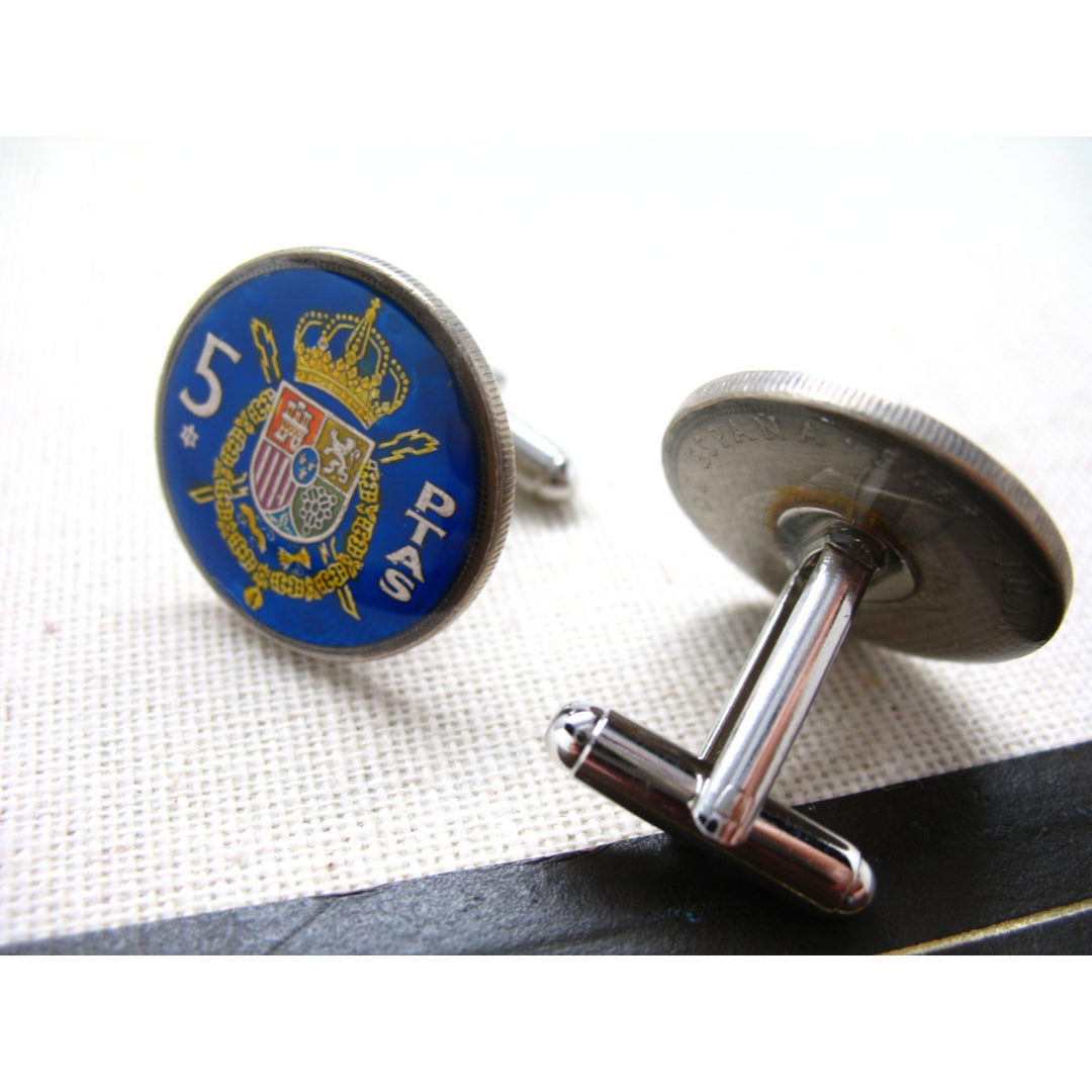 Enamel Cufflinks Hand Painted Spain Barcelona Madrid Malaga Blue Enamel Coin Jewelry Royal Crest Cuff Links Keepsake Image 3