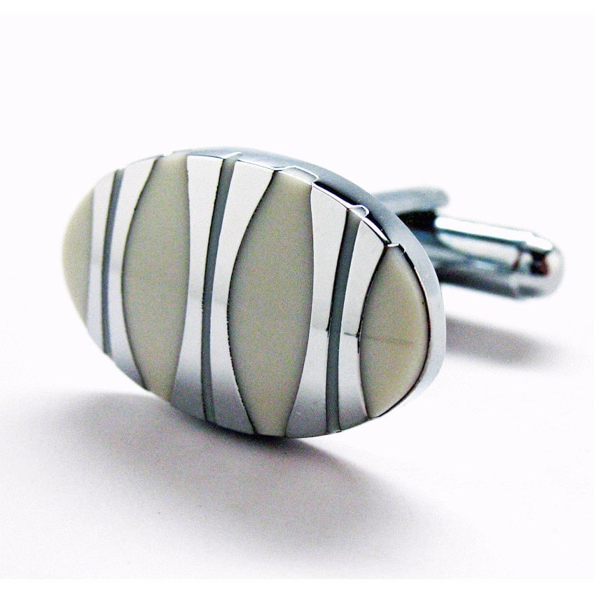 Shiny Silver Cufflinks York Executive Mother of Pearl Oval Stainless Steel Classic Post Perfect Cuff Links Image 1