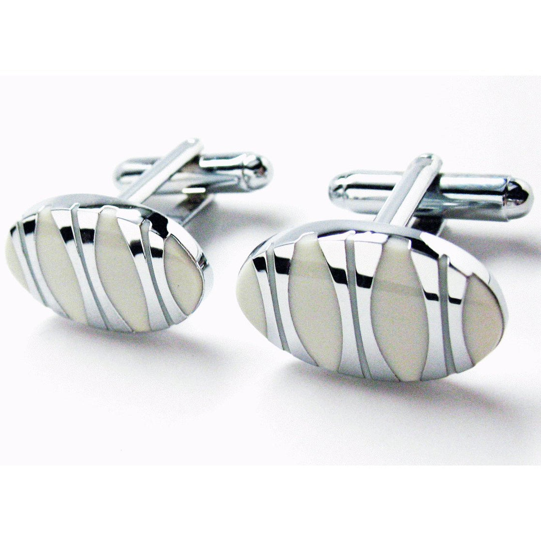 Shiny Silver Cufflinks York Executive Mother of Pearl Oval Stainless Steel Classic Post Perfect Cuff Links Image 3