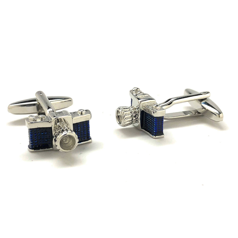 Silver Tone Blue Enamel Camera Cufflinks Retro 35mm Retro Old School Photography Picture Hobby Photographer 3D Design Image 2