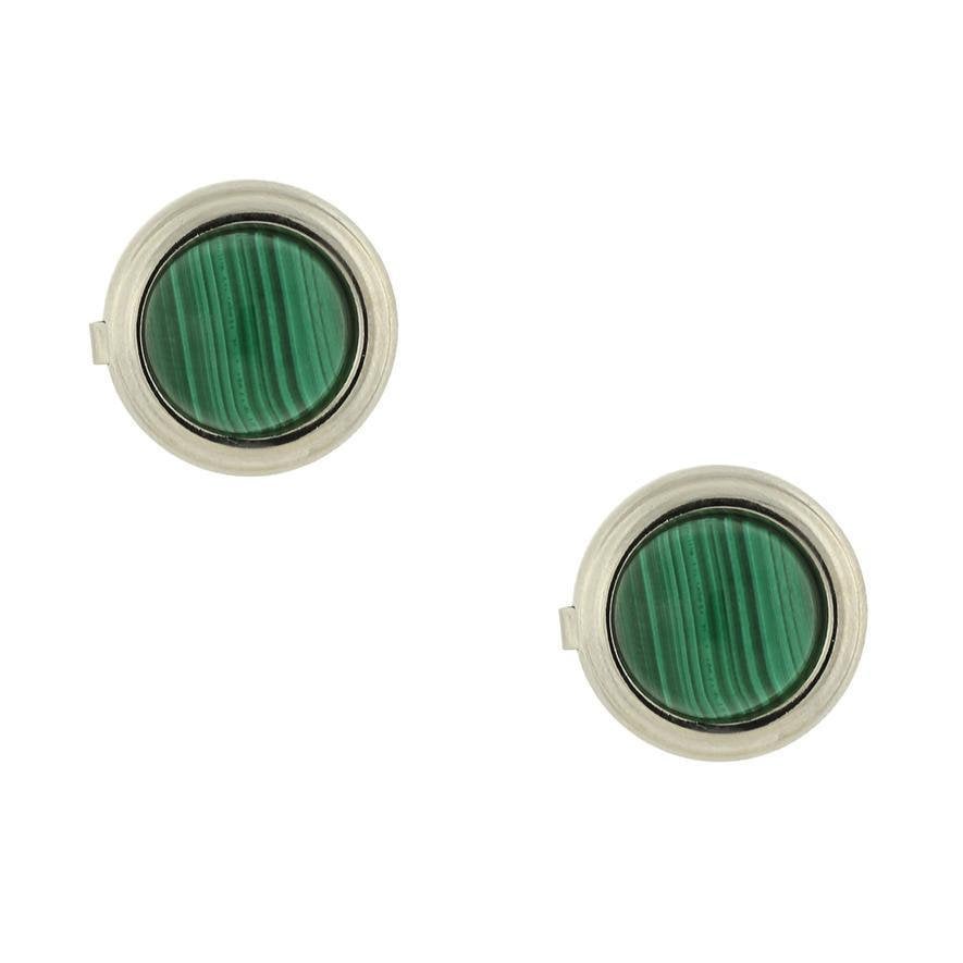 Faux Cufflinks Silver Framed Green Malachite Stone Round Button Covers Image 1