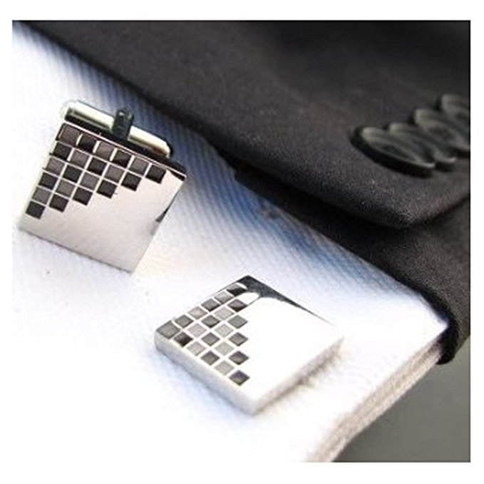 Silver Square 21 Cufflinks Black and Grey Grided Terraced Cufflinks Cuff Links Image 1