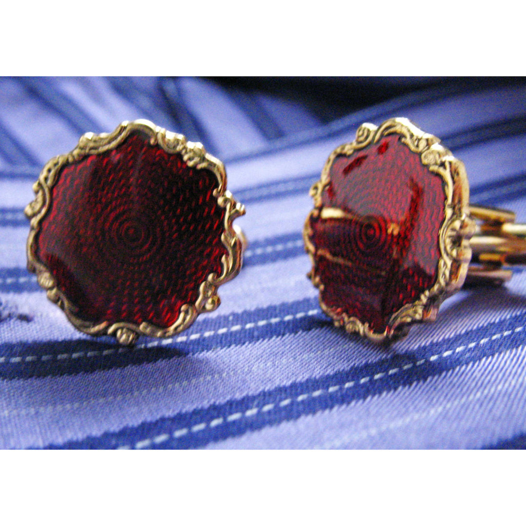 Fire Circle Cufflinks Gold Tone Red Enamel Round Cuff Links Cufflinks Image 2